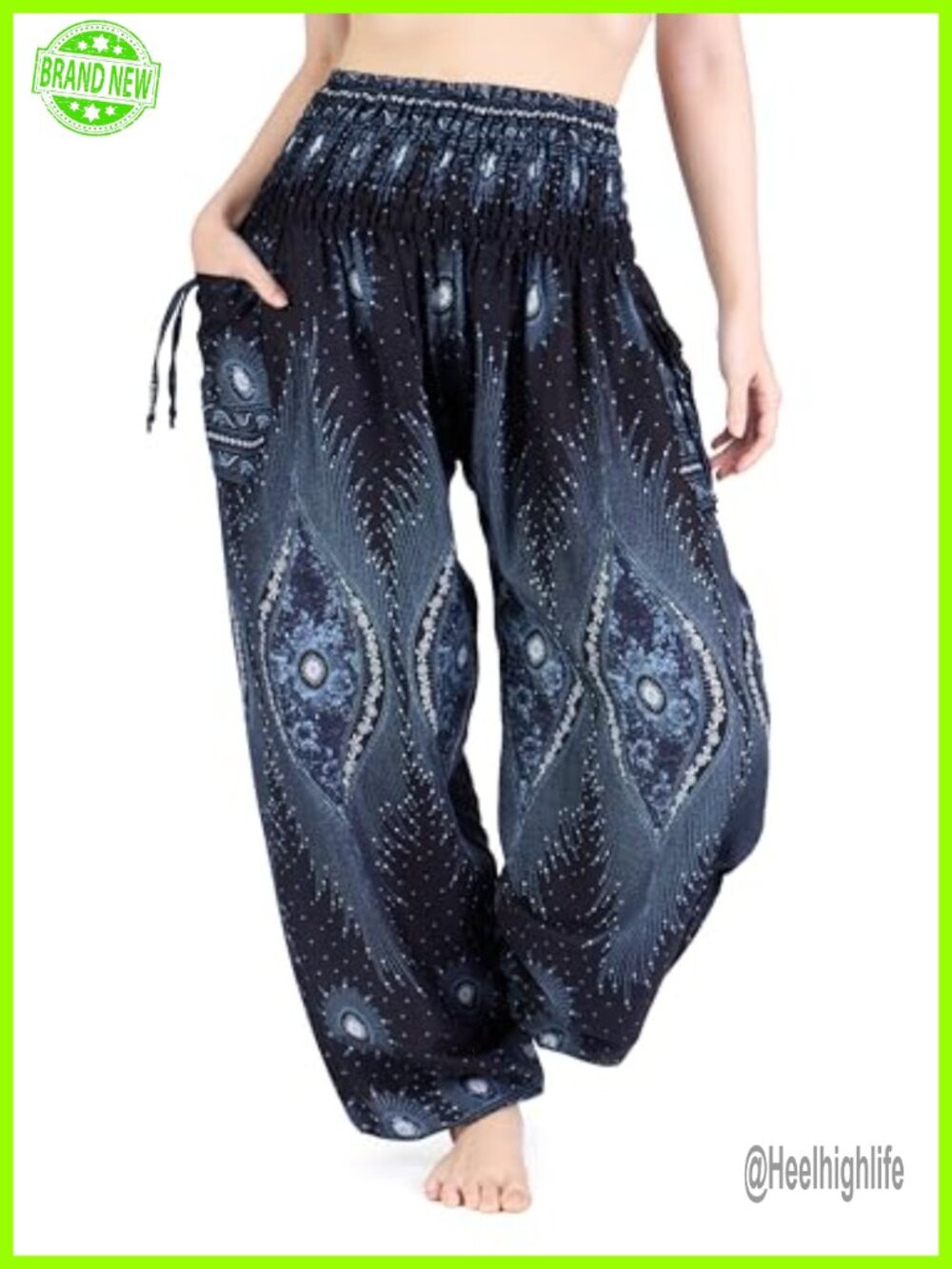 Smocked Waist Boho Flowy Yoga Harem Pants with Pockets